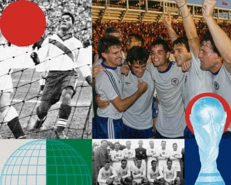 Clockwise from top left: Joe Gaetjens scoring against England at the 1950 World Cup, USA celebrate victory over Trinidad & Tobago in 1989, The team lines up at the tournament in 1930.