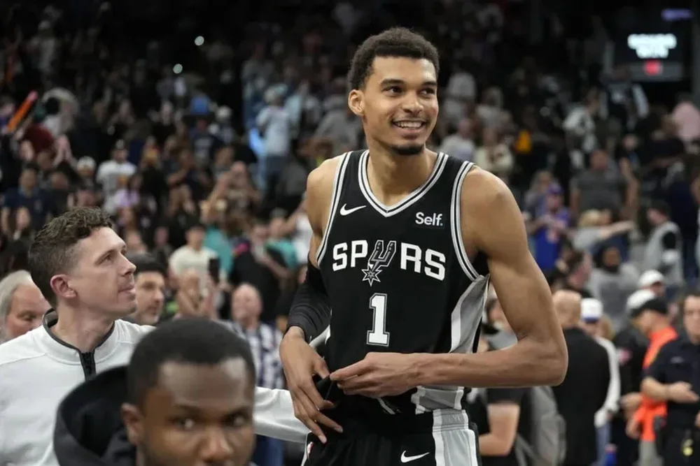 Mar 29, 2024; San Antonio, Texas, USA; San Antonio Spurs forwards Victor Wembanyama (1) reacts after an overtime victory over the New York Knicks at Frost Bank Center. credits: Scott Wachter-USA TODAY Sports
